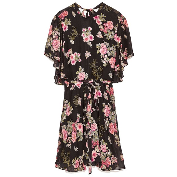 Nwot Zara Black Floral Printed Flowy Mini Dress - Picture 4 of 7